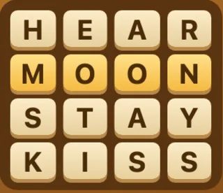 A word hunt grid of letter tiles with MOON lit up