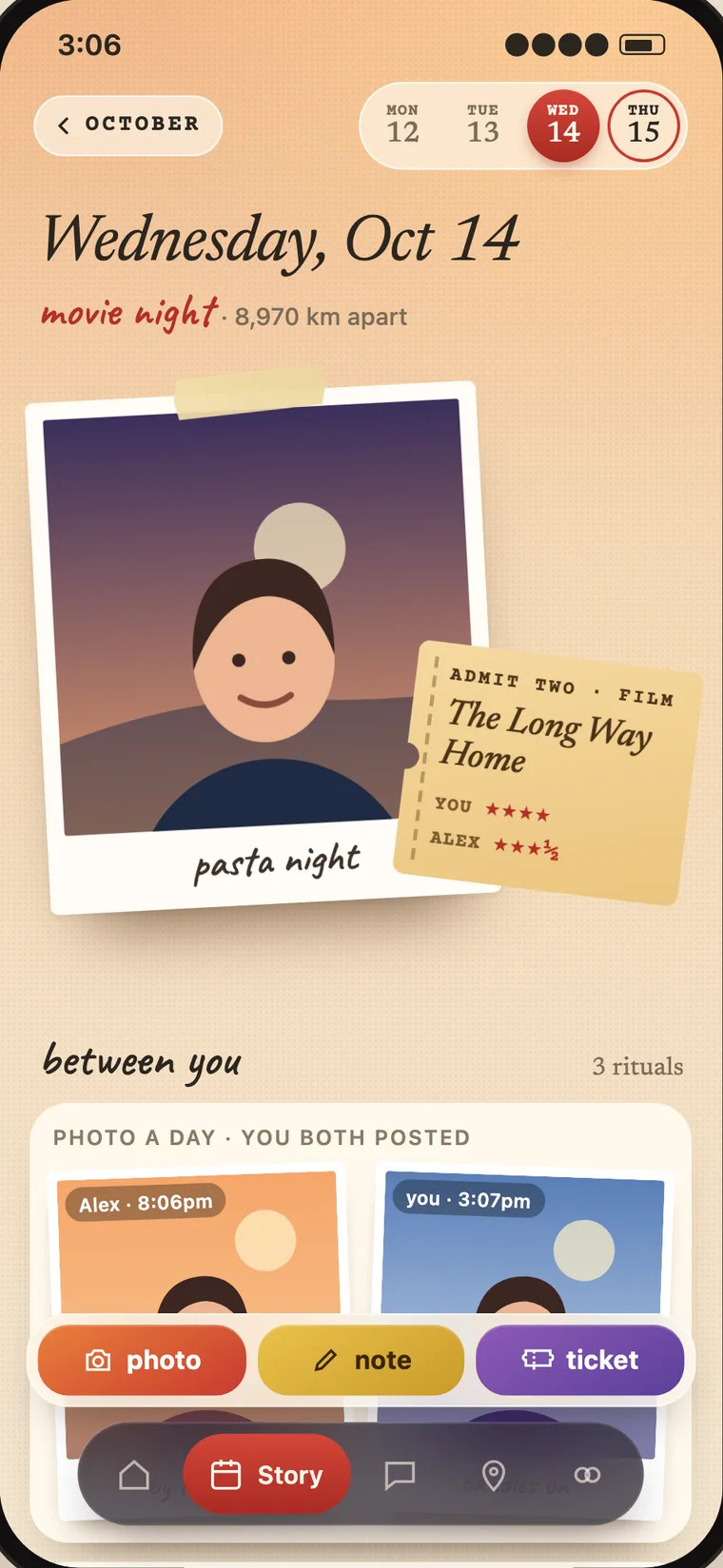 One day's page, Wednesday, Oct 14, movie night: a taped polaroid called pasta night, a ticket stub for The Long Way Home, and what each of you posted that day.