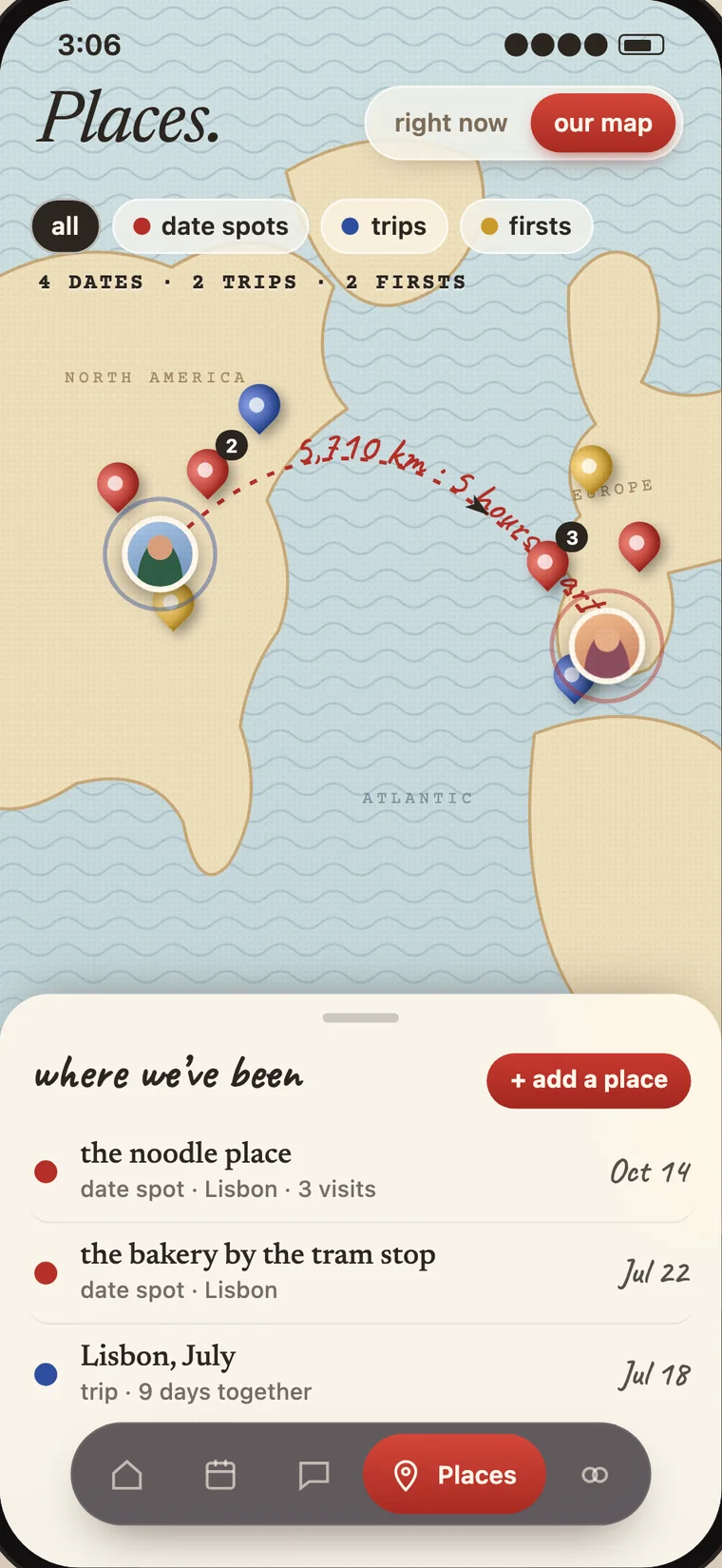 Our map: pins for date spots, trips and firsts on a drawn map, and a list of where you've been, from the noodle place to a trip to Lisbon in July.